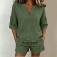 thumbnail image 2 of Women's Cotton Elastic Waist Two Piece Outfit V Neck Ruffle Short Sleeve Top with Shorts, Solid Casual Summer Set, Lounge Maternity Activewear Shorts | VerBelle,Army Green L, 2 of 8