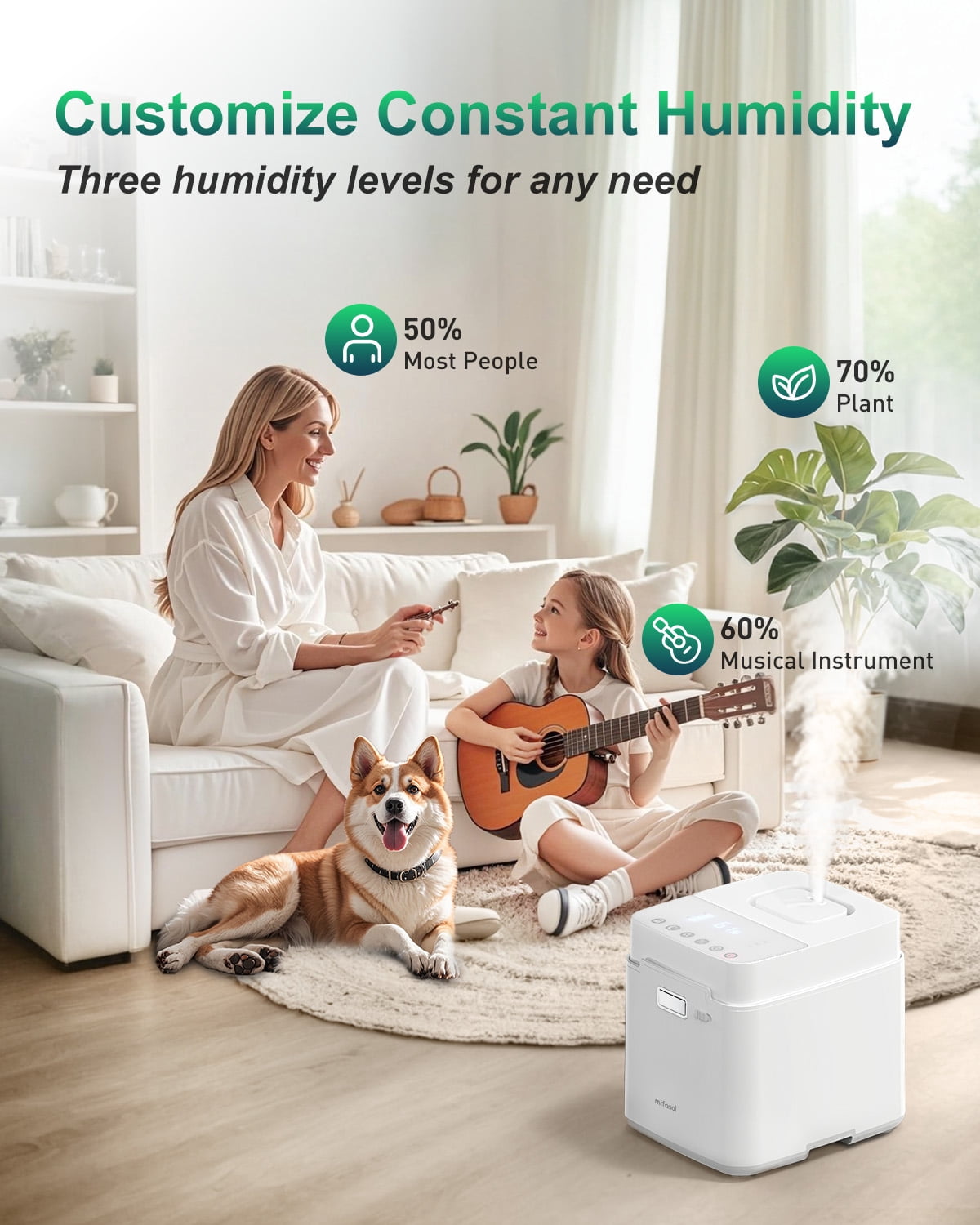 Mifasol Stainless Steel Humidifier, 3.3L/0.87Gal Steam Humidifier Large Room up to 800 sq ft, Easy to Clean Warm Mist Humidifiers for Bedroom, White