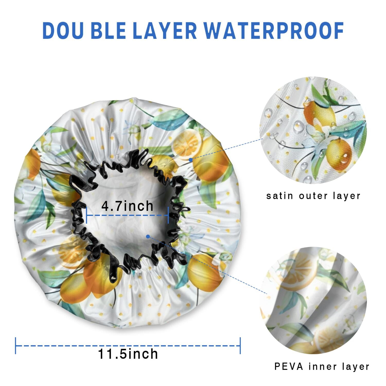 Shower Caps,Yellow Lemon Flowers White Pattern Waterproof Shower Cap for Women 4 Pieces,Double Reusable Hair Cover for Shower PEVA Elastic Stretch Hem