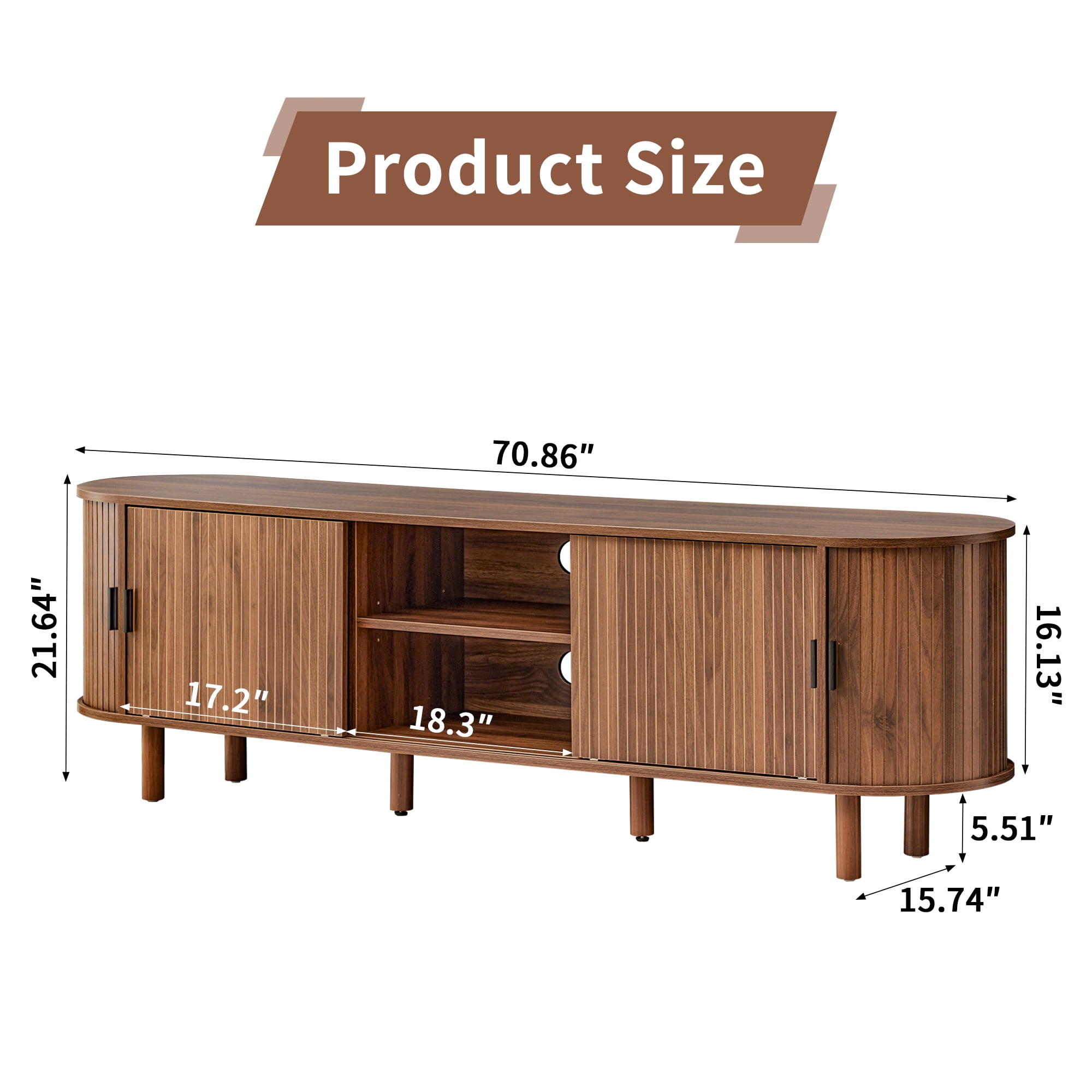 LEFHDA 70.8" Mid Century Modern TV Stand, Wood Tambour Door Entertainment Center with Storage for TVs Up to 75", Curved Edge Cabinet for Living Room Bedroom（Walnut）