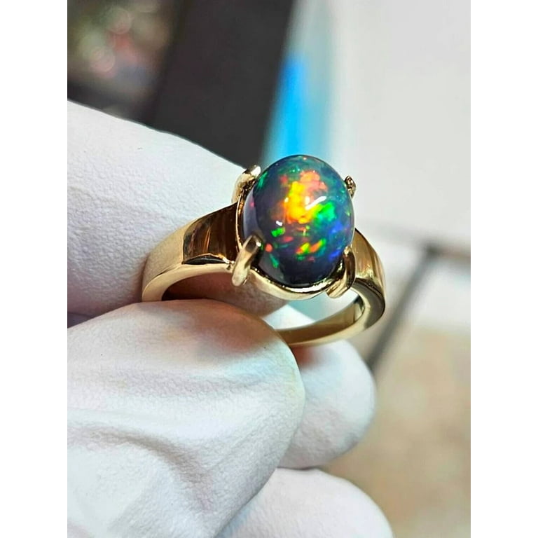 14K Yellow Gold Oval Shape Black Fire Opal Ring Men's And Woman