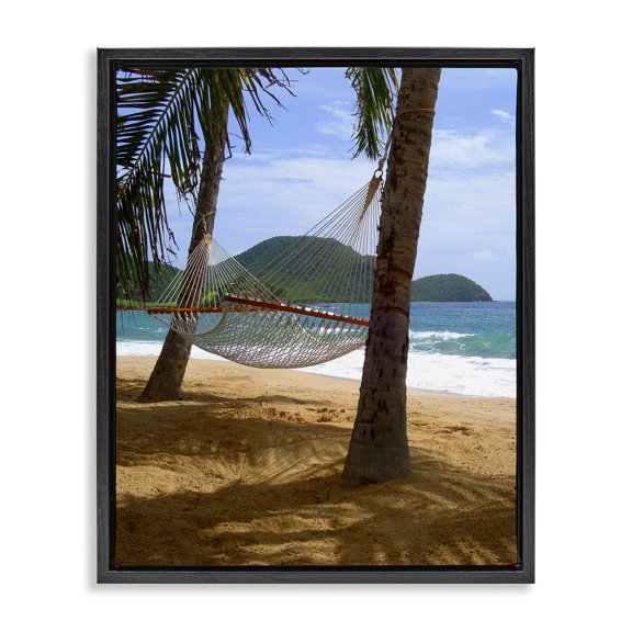 Stupell Industries Coastal Tropical Summer Vacation Hammock Between Palm Trees Black Floating Frame Canvas Art, 17 x 21, by Noah Bay