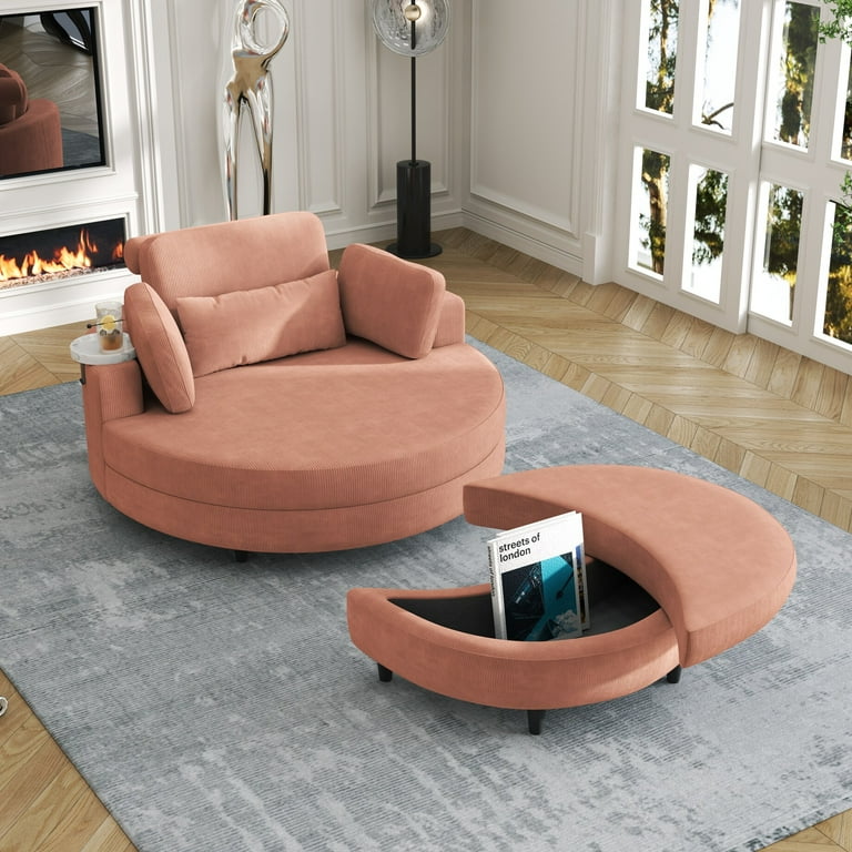 51 Modren Corduroy Round Sofa With Two Throw Pillows Waist Pillow Adjustable Headrest Extra Tray And Storage Ottoman Singlr Lazy Sofa for Small