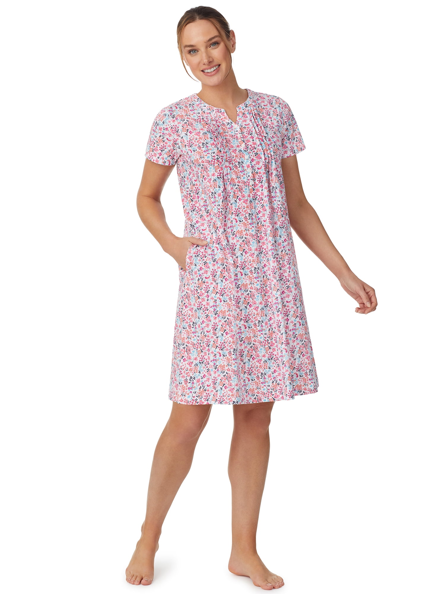Aria Women’s Short Sleeve Split Neck Henley Nightgown 40”, Sizes XS to 5X
