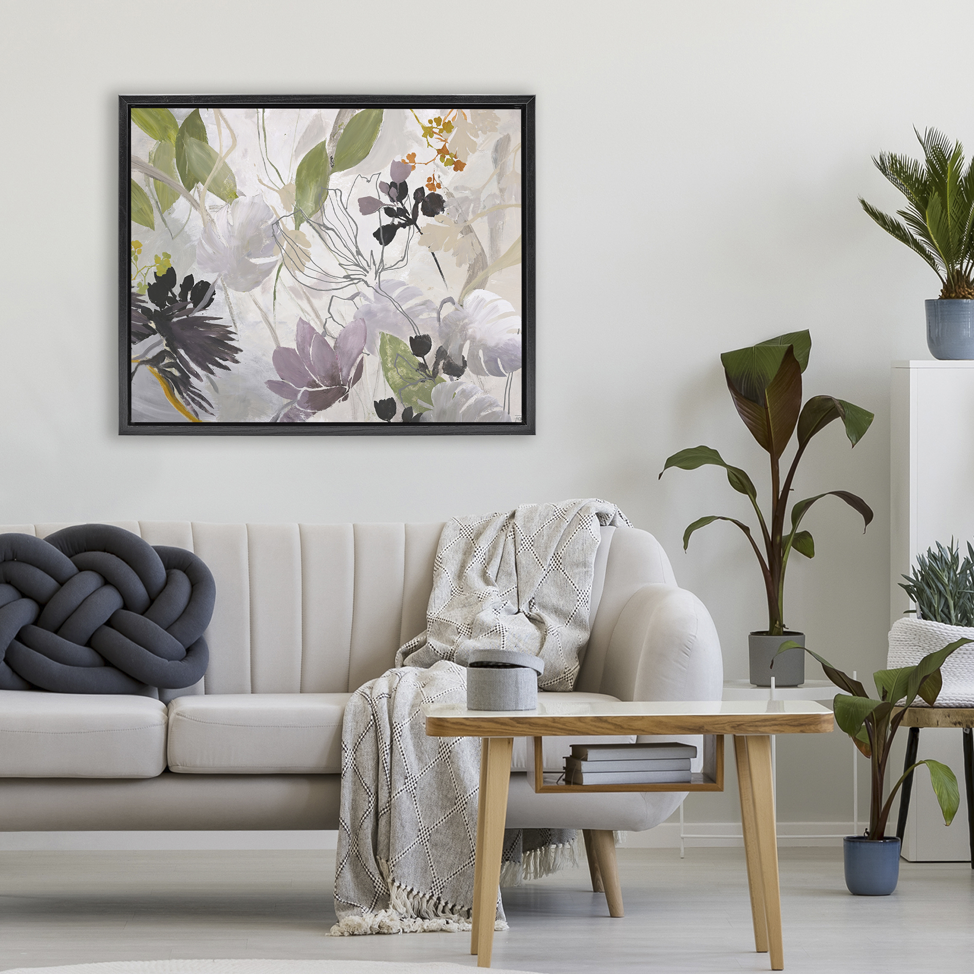 Soft Spring Organic Flora Black Framed Floater Canvas Wall Art, design by Design Fabrikken