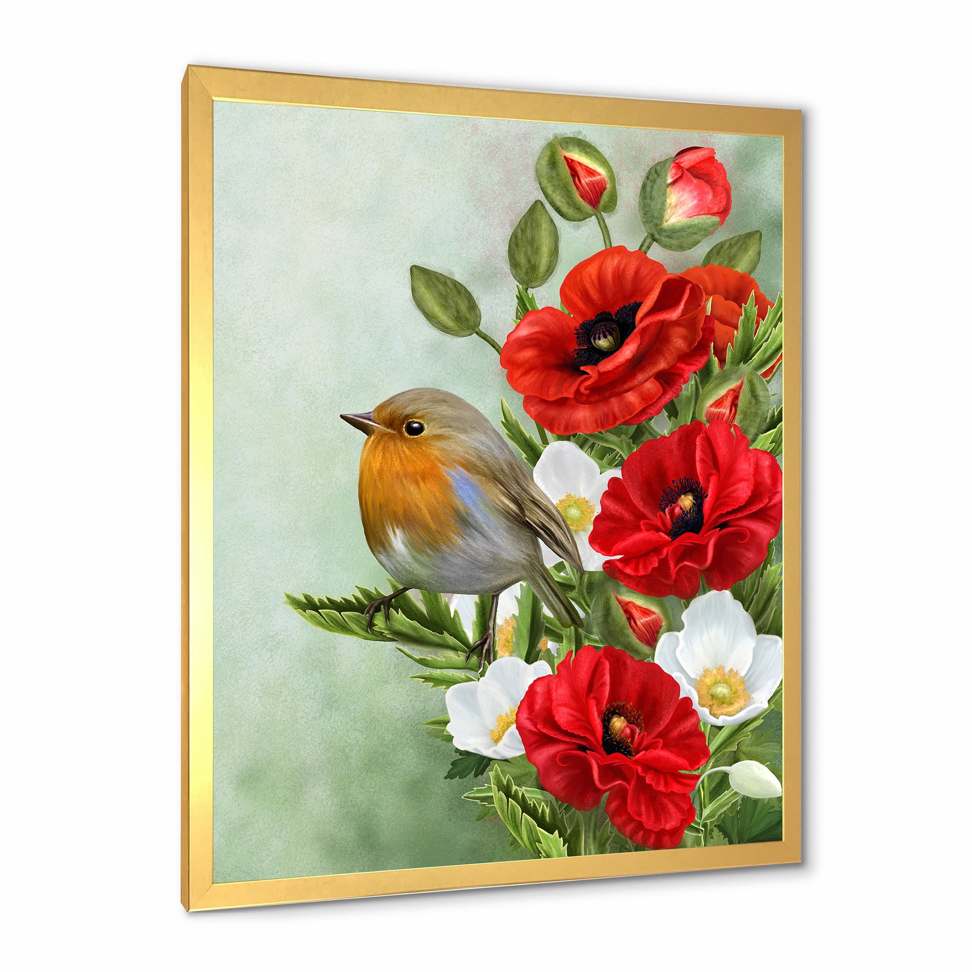 Designart 'Red Poppies and White Anemones With Yellow Bird' Traditional Framed Art Print
