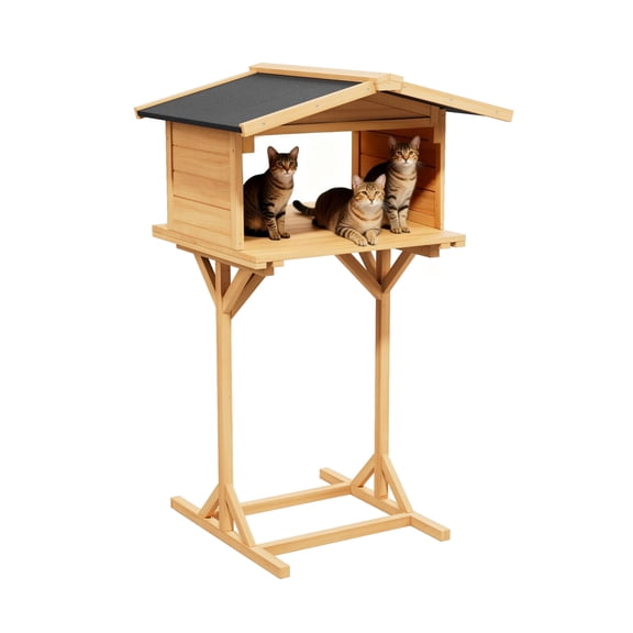 Outdoor Waterproof Feral Cat Feeding Station ,31.5"Tall Stable Elevated Cat Platform ,Animal-Proof Cat Shelter,Natural