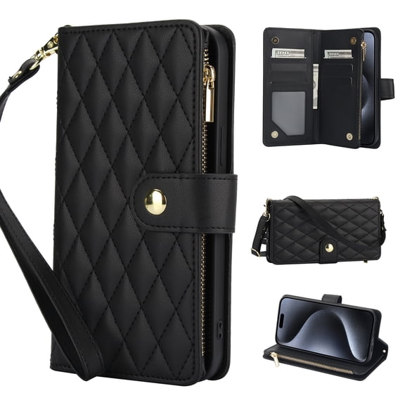 Wallet Case Compatible with iPhone 15 Plus, Premium PU Leather Zipper Flip Folio Wallet RFID Blocking with Wrist Strap & Crossbody Strap Magnetic Closure Kickstand Protective Case, Black