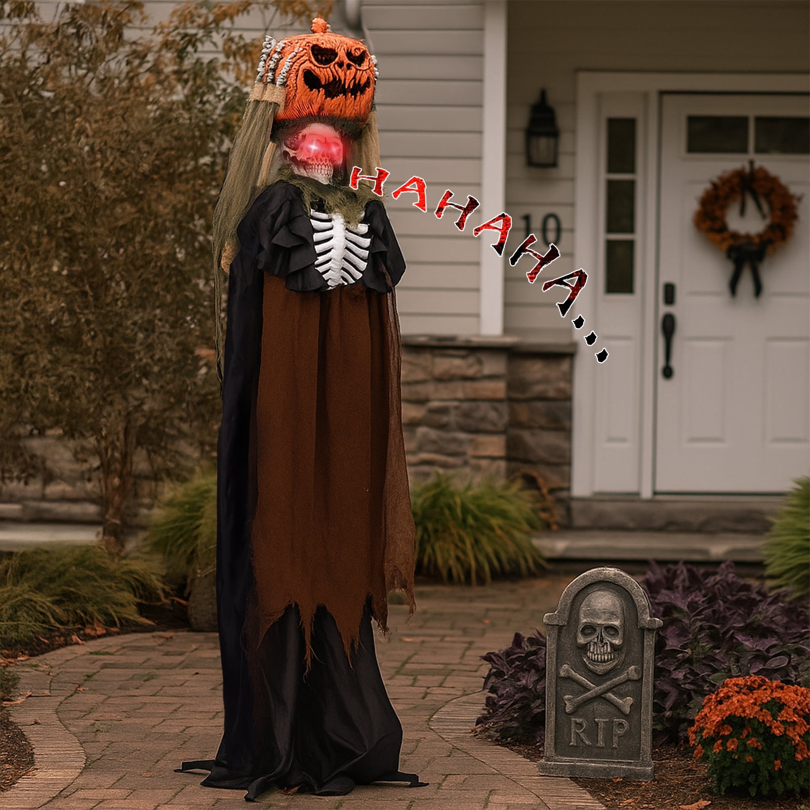 5.6ft Halloween Decorations Outdoor Life Size Animatronics Ghost with Pumpkin Head, Sound-Actived Party Decor with Creepy Sound , Scary Haunted House Props for Garden Yard Lawn