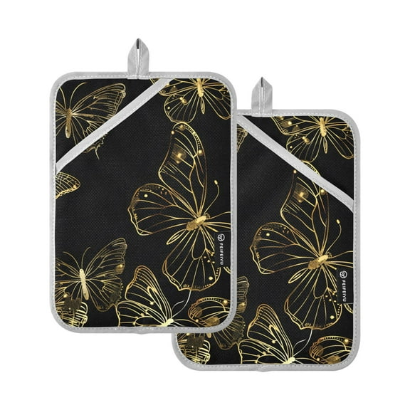 Pot Holders Set of 2 Heat Resistant 338℉ Kitchen Oven Gloves Potholder Cooking Baking Microwave Mitts Butterflies Golden