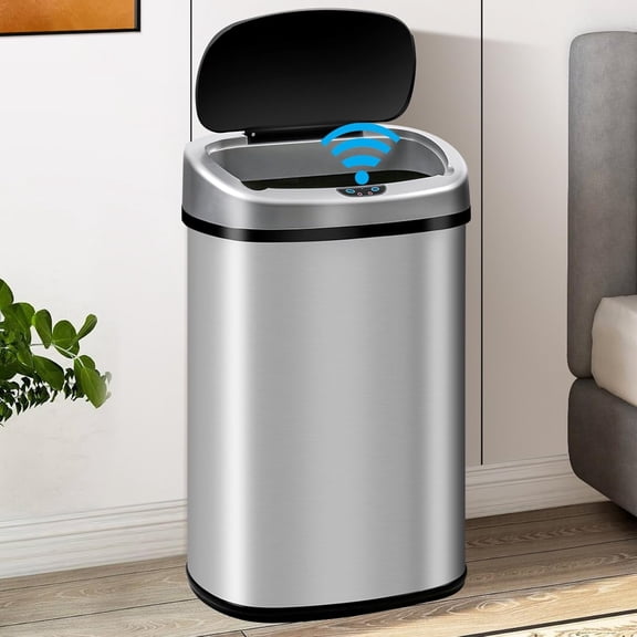 13 Gallon Trash Can with Lid, Automatic Kitchen Trash Cans 50 L Motion Sensor Garbage Can, Brushed Stainless Steel TrashCan for Home Office Bathroom, Sliver