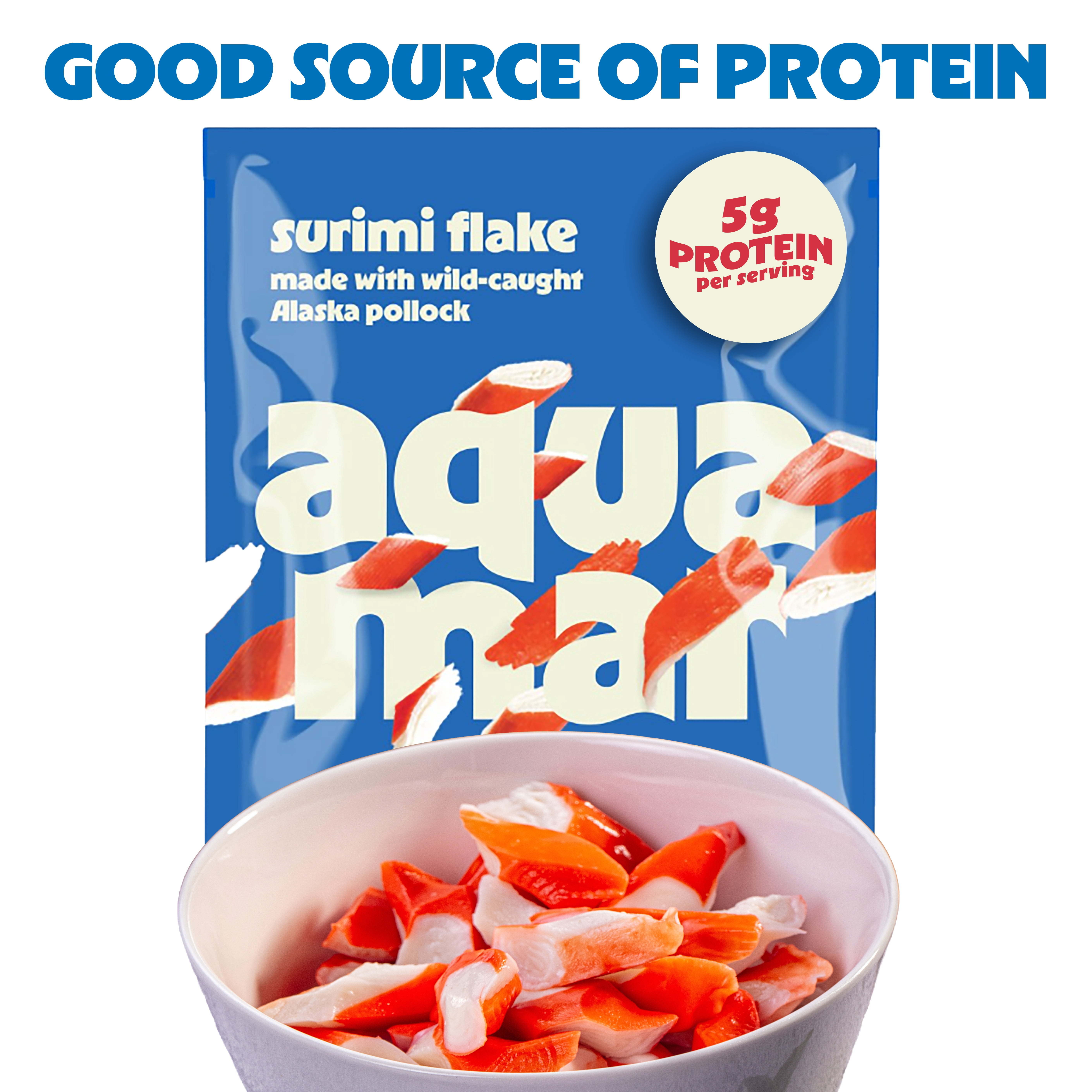 Aquamar Surimi, Flake Style Fresh Imitation Crab, 1- 8 oz Medium Plastic Bag. Contains 5g of Protein per serving.