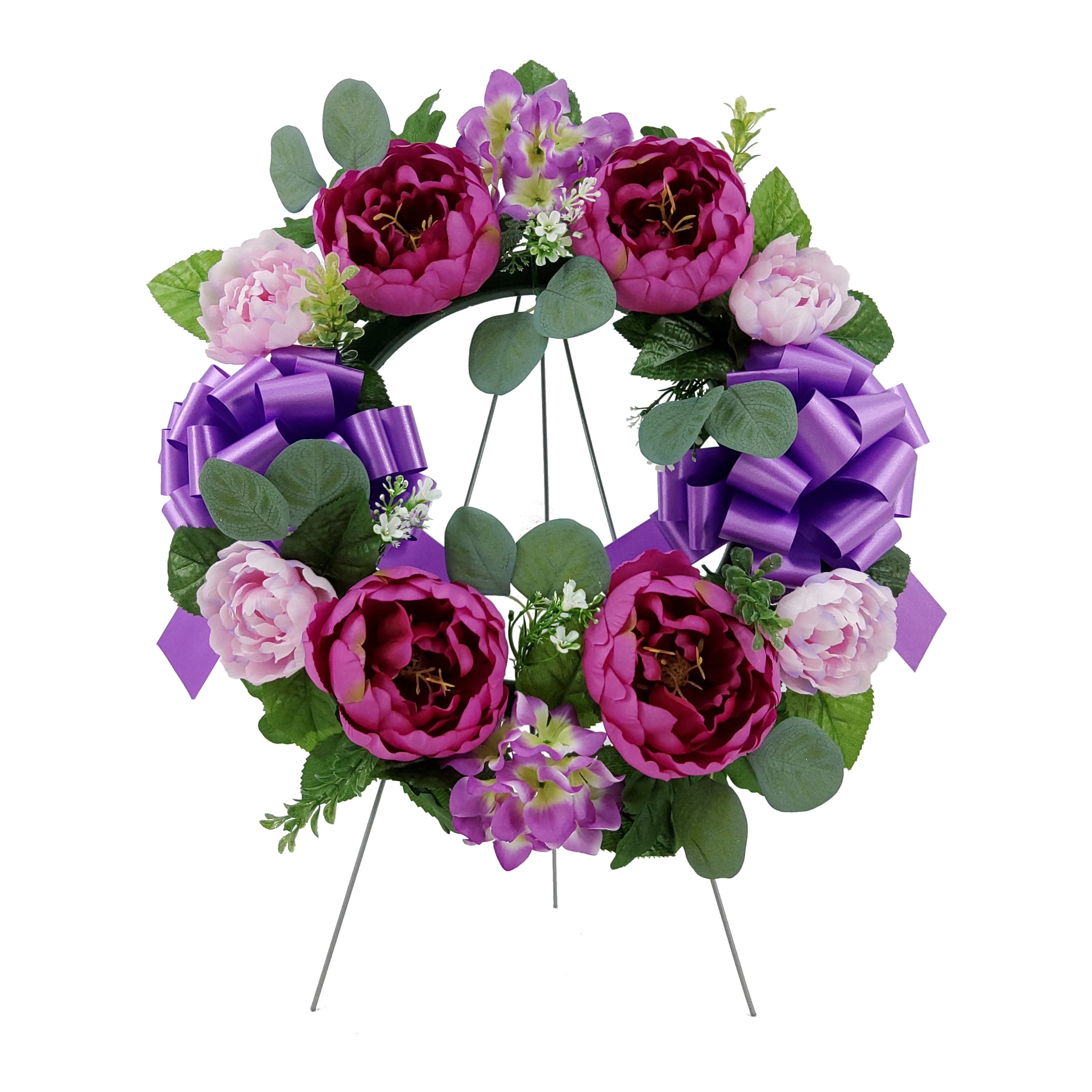 Mainstays 17 in Outdoor Artificial Peony Wreath with Metal Easel, Polyester, Purple