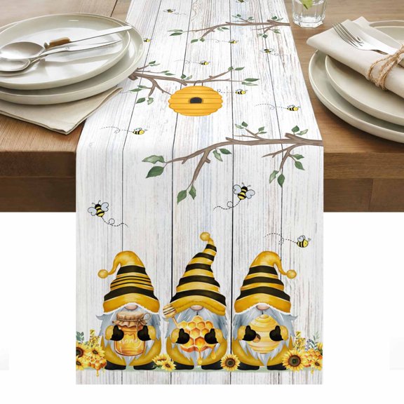 Yellow Bees Gnomes Table Runner - 108 Inch Long, Kitchen Dining Table Runner Dresser Scarves, Spring Floral Branches Wooden Farmhouse Decor for Coffee Tables Wedding Party Banquet