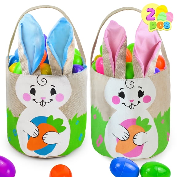 Joyfy 2 Pcs Easter Baskets for Kids, Easter Bunny Burlap Egg Tote Gift Basket, Easter Basket with Handle for Easter Egg Hunt