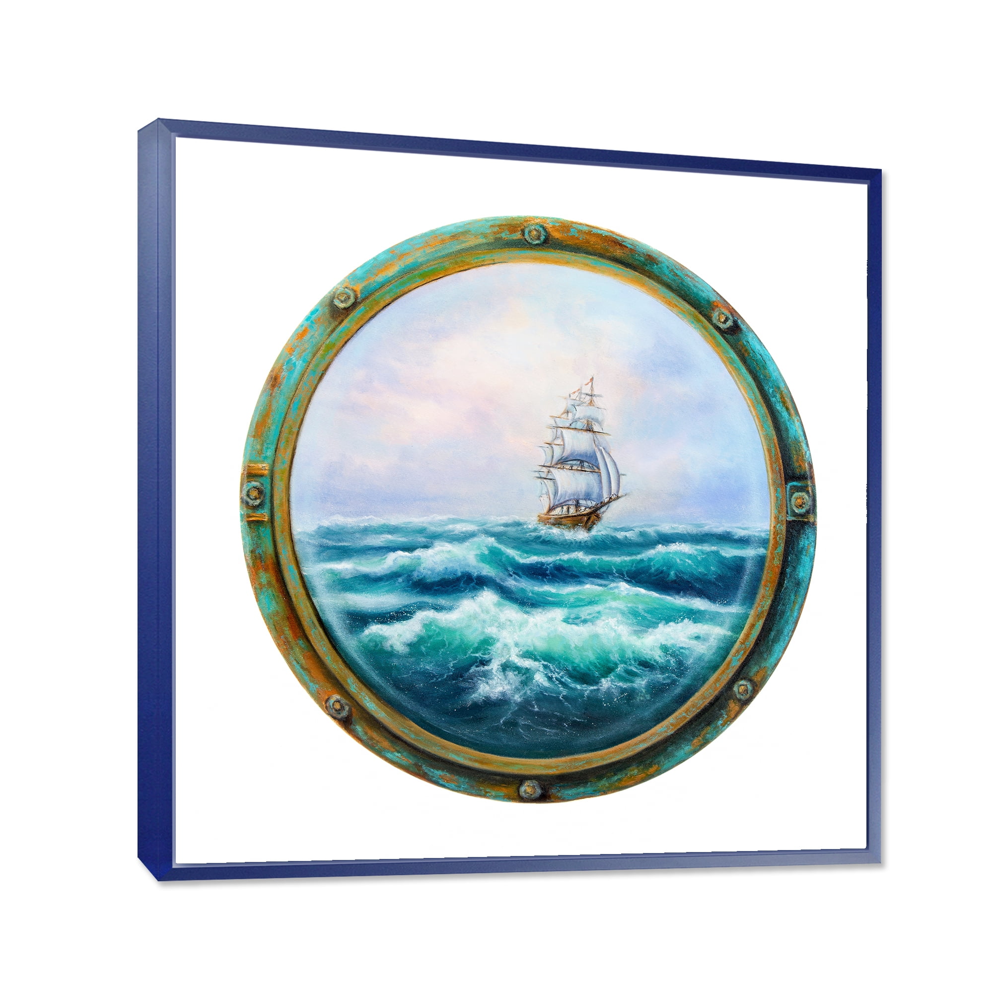 Designart 'Ship In Stormy Ocean Through Cabin Window' Nautical & Coastal Framed Canvas Wall Art Print