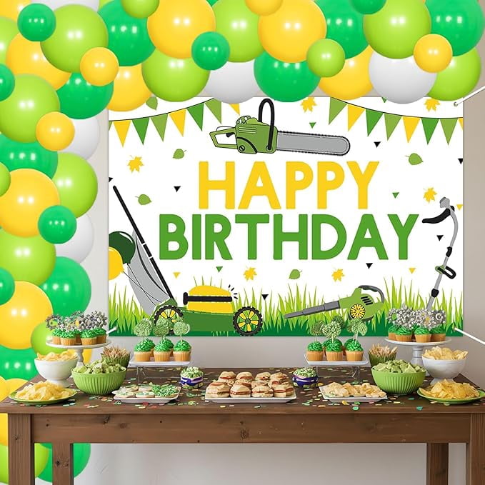 80Pcs Lawnmower Birthday Party Decoration, Green Tractor Party Decor with Mower Backdrop Happy Birthday Green Balloon Garland Arch Kit for Boys Farm Themed Tractor Time Party Supplies