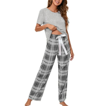 

Paille Ladies Pjs Casual Nightwear Two Pieces Outfits Sleep Pajamas Sets Top And Pant Dailywear Sleepwear Loungewear Grey XL