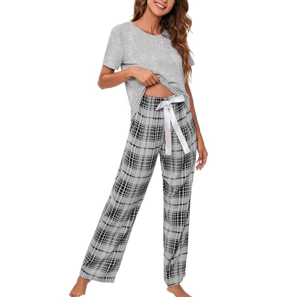 UKAP Ropa de descanso para mujer, ropa de dormir con cintura elástica, cordón de dos piezas, ropa de dormir, Pjs, Top y pantalón holgados con cuello redondo para mujer