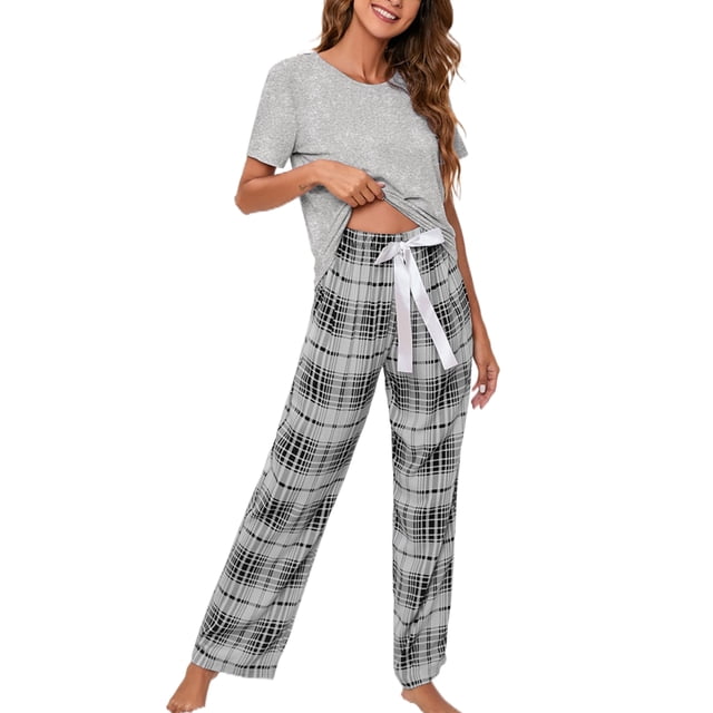 Oucaili Ropa de dormir para mujer, ropa de dormir con cintura elástica, ropa de dormir con cordón, conjuntos de pijamas holgados para mujer, conjunto de salón para dormir