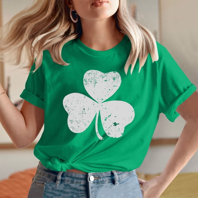 Meichang St Patricks Day Chemises pour Femmes Hauts Mignons T-Shirts Graphiques Trèfle Manches Courtes Coupe Ample Col Rond T-Shirts Chanceux Irlandais
