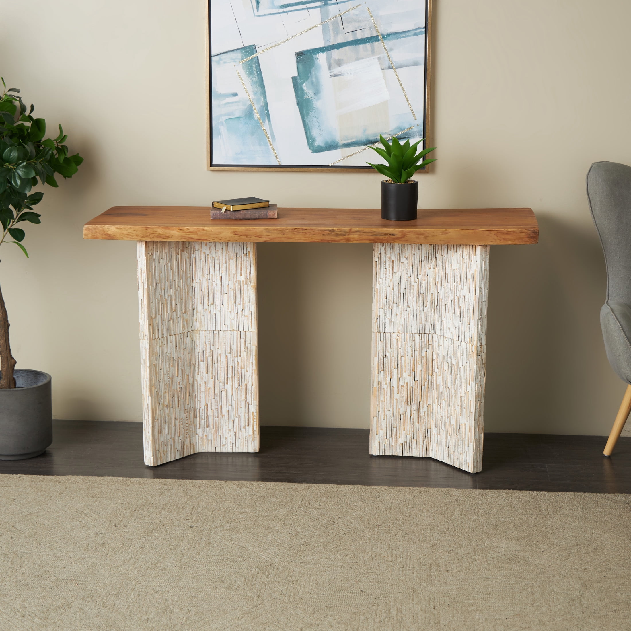 DecMode 56" x 31" Brown Teak Wood Handmade Rectangular Console Table with Envi Slat Legs, 1-Piece