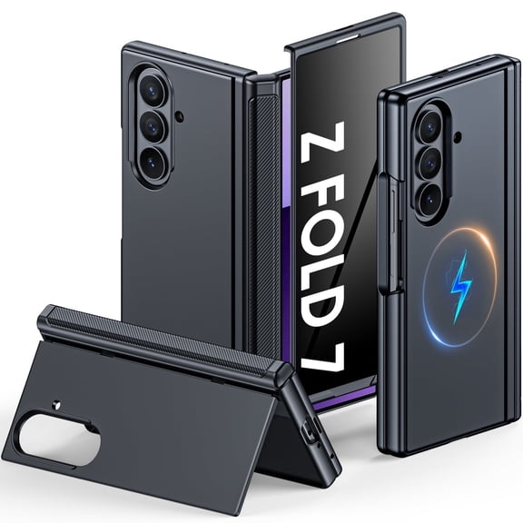 Vizvera for Samsung Galaxy Fold 7 Phone Case with Stand,Fit for Magsafe,Privacy Screen Protector,Built-in Hidden Kickstand,Shockproof Case-Black