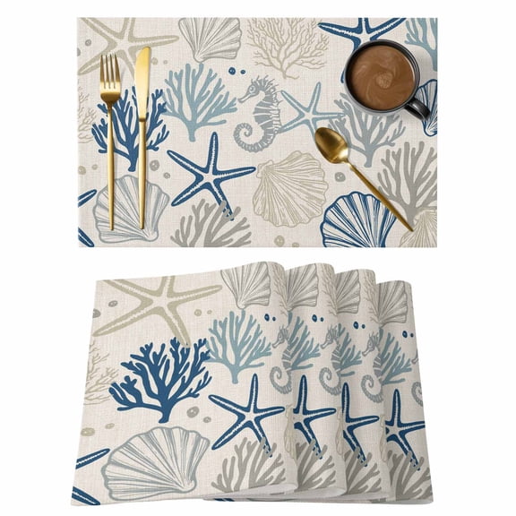 Blue Beige Coastal Placemats Set of 4,Cotton Linen Fabric Place Mats,Summer Beach Starfish Coral Nautical Rustic Decorative Table Mats Protector for Home Kitchen Dining Wedding Party Coffee Tables
