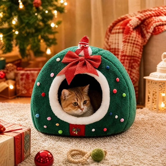 Christmas Cat Bed Enclosed Warm Plush Pet Kennel with Snowman Bow for Cats Small Dogs Indoor Holiday Home Decor Cozy Sleeping Cave
