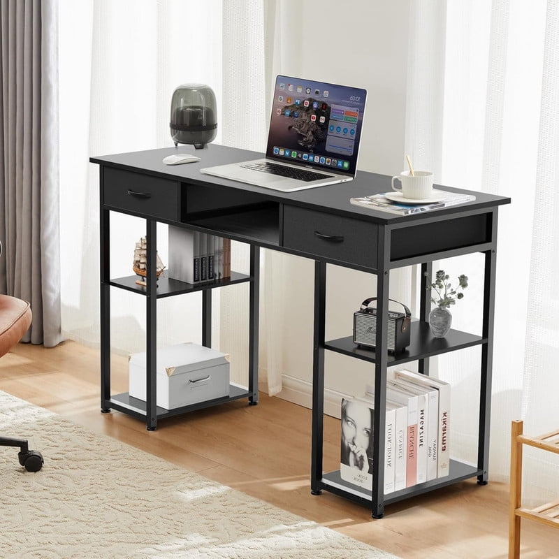 Kelno 48 Inch Computer Desk with 2 Fabric Drawer Storage Shelf Gaming Writing Table, Black
