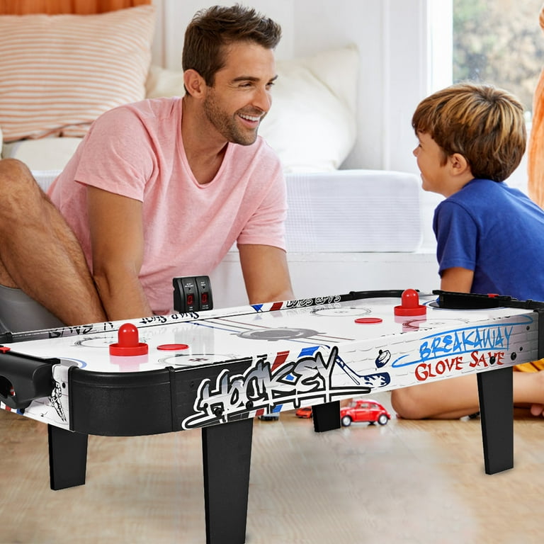 COSTWAY LED airhockeytafel, airhockey-speeltafel met 12 V motor, 2 schuivers en pucks, elektrische luchthockey met led-displaybord, tafelhockey ijshockey voor kinderen en volwassenen, 137 x 65 x 86 cm
