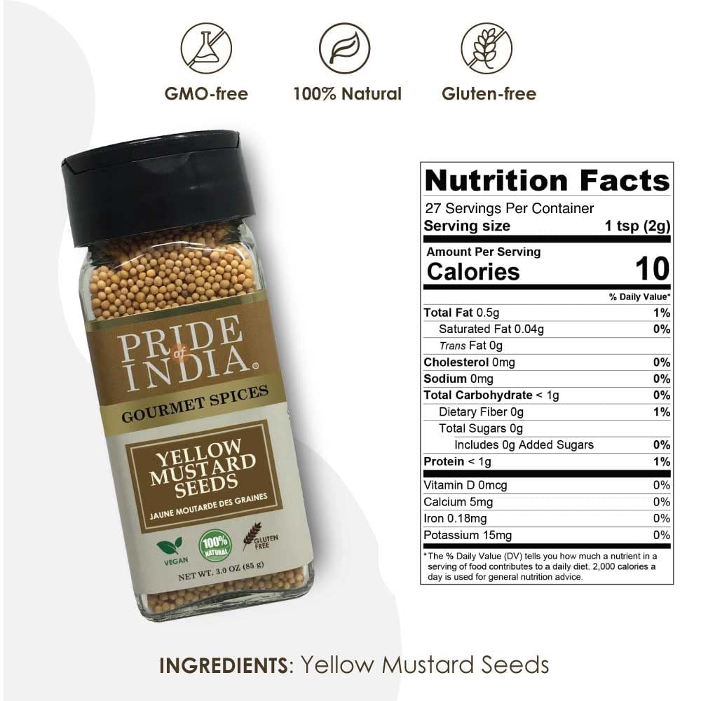 Pride of India - PACK of 6 - Yellow Mustard Seed Whole – Pungent & Aromatic – Gourmet Indian Spice – Add in Salads/Dressings/Chicken/Meat/Pickles – Easy to Use – 2.8 oz. Small Dual Sifter Bottle