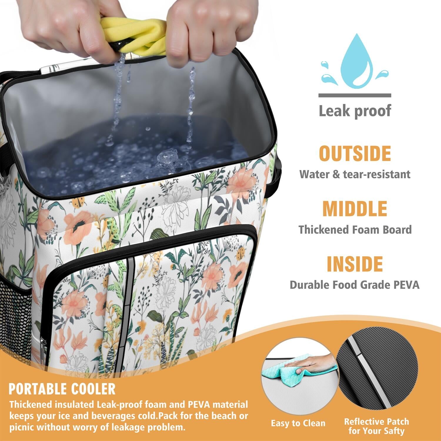 Travel Cooler Bag - Pioneer Flower Floral Print Pattern Camping Beer Cooler Backpack with Bottle Opener- Waterproof Insulated Picnic Backpacks - Cooler Bag for Beach