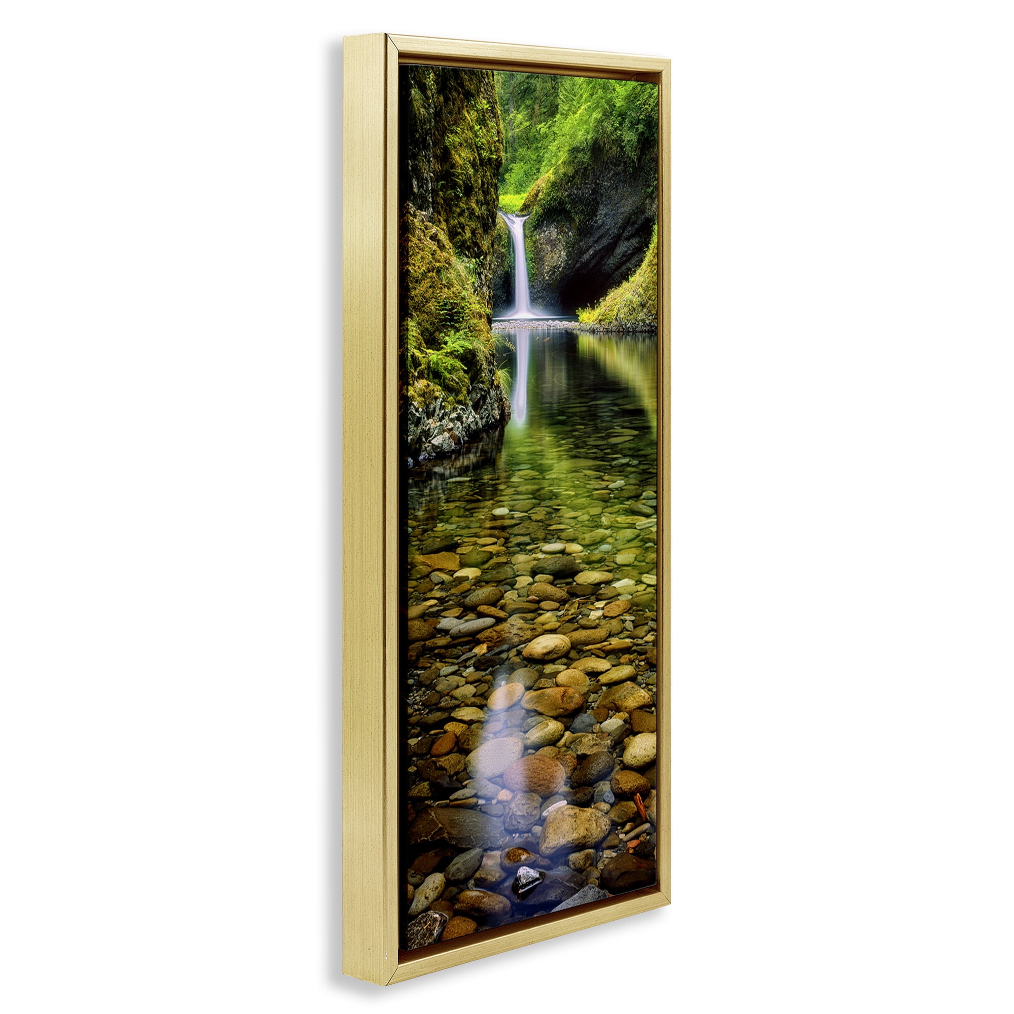Stupell Industries Clear Stream Waterfall Photography Landscape Photography Gold Floater Framed Canvas Art Print Wall Art, 11 x 25