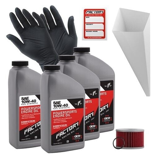 Factory Racing Parts Oil Change Kit compatible with Honda SXS700 Pioneer 2014-2023 – Includes 4 Quarts of 10W-40 Full Synthetic Oil, 1 Filter, 1 Crush Washer, 1 Funnel, 1 Oil Change Sticker