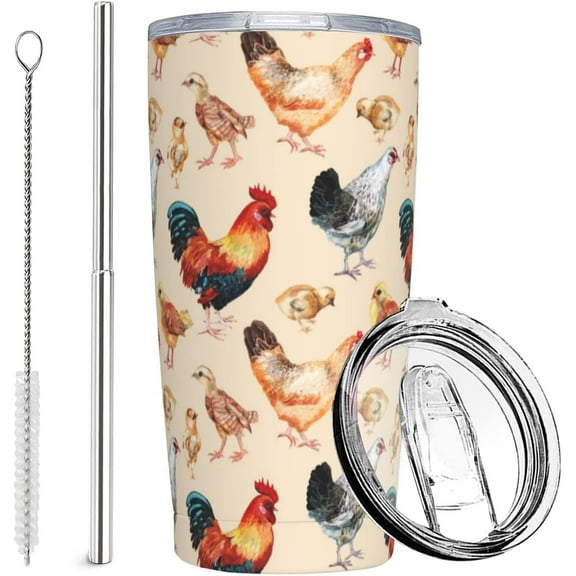 Chicken Tumbler with Lid and Straw, 20 Oz Stainless Cup Steel Insulated Water Bottle Travel Coffee Mug, Chicken Gifts