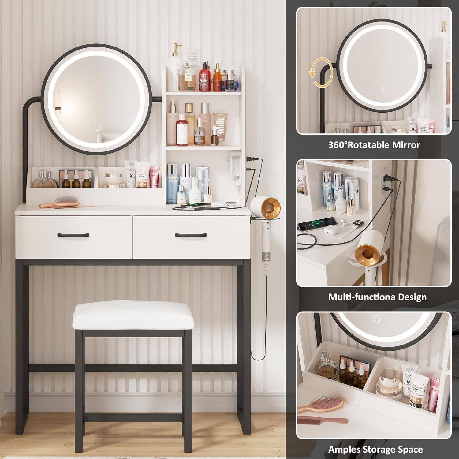 VEANERWOOD Makeup Vanity with Round Mirror and Lights, White Vanity Makeup Table with Charging Station, Small Vanity Table for Bedroom, 3 Lighting Modes, 31.5in(L)
