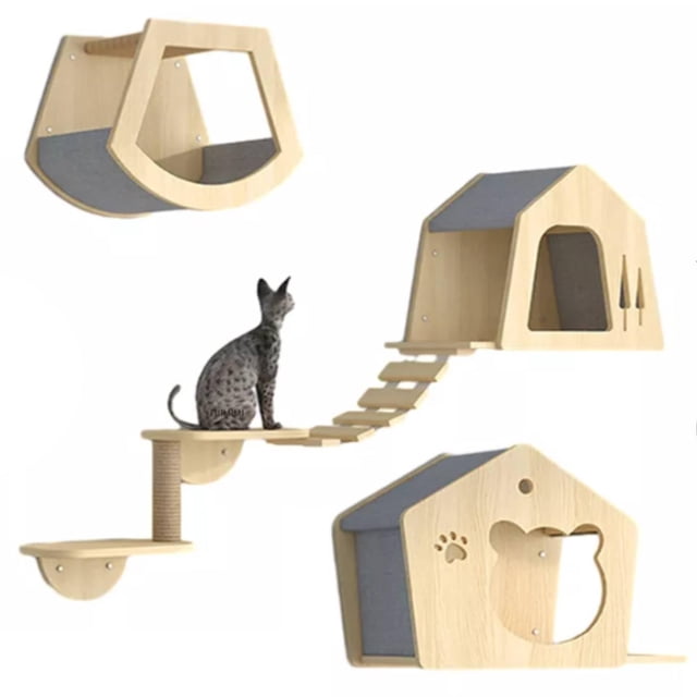 Repisas para gatos pared, muebles de pino con casas y rascador, ahorro de espacio para gatos activos y descanso, ideal para paredes pequeñas y grandes