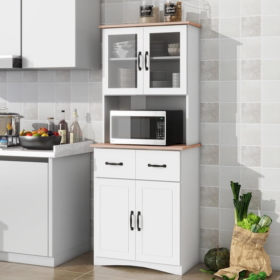 LQLI Kitchen Buffet Freestanding Pantry Cabinet Cupboard Bar Cabinet, White | with Hutch, with 4 Doors, 2 Drawers & Open Shelf, Storage Cabinets with Adjustable Shelves