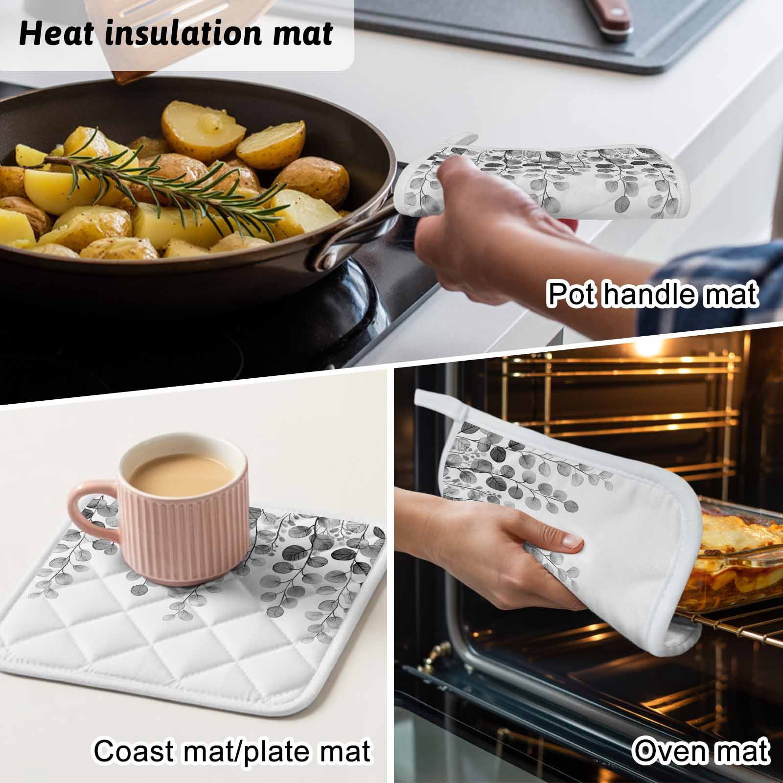 Gray Eucalyptus Leaves Pot Holders for Kitchen Heatproof Potholder, 5 Pack Watercolor Floral Leaf Plants Hot Pads Multipurpose Oven Pads Cloth Potholders Trivet for Cooking Baking