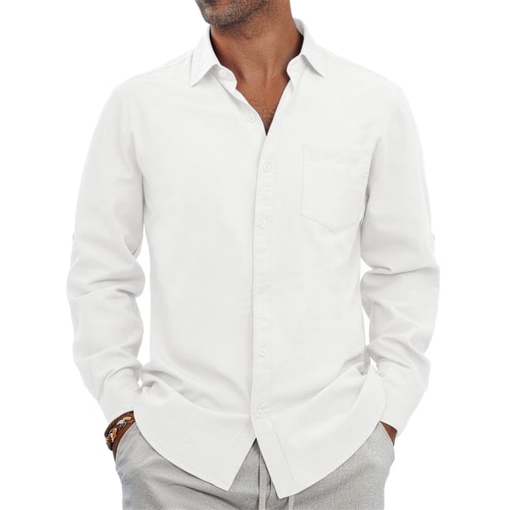 GENTS BLISS Men Linen Shirts Long Sleeve Button Down Shirts for Men Roll-up Solid Shirts with Pocket