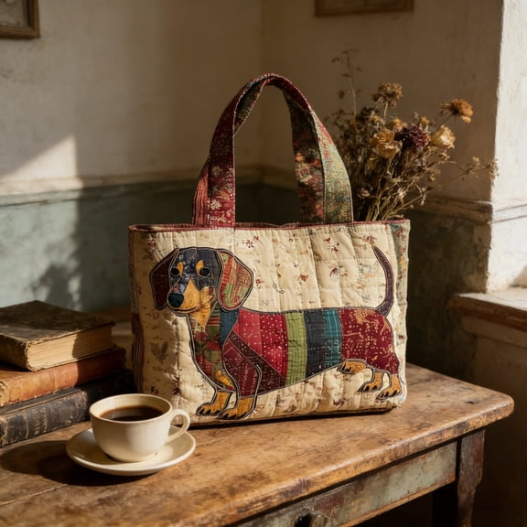 Dachshund Printed Boho Style Quilted Tote Women's Casual Shoulder Bag Daily Handbag For Shopping Hiking