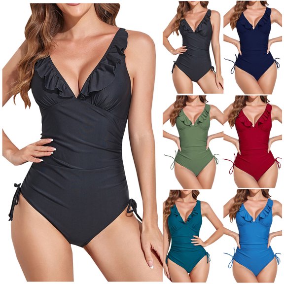 HAPIMO Women's One-Piece Swimsuit Solid Color Beachwear Ruched Ruffle Bathing Suit Summer Seaside Clothes for Girls V-Neck Swimwear Sets Army Green XL