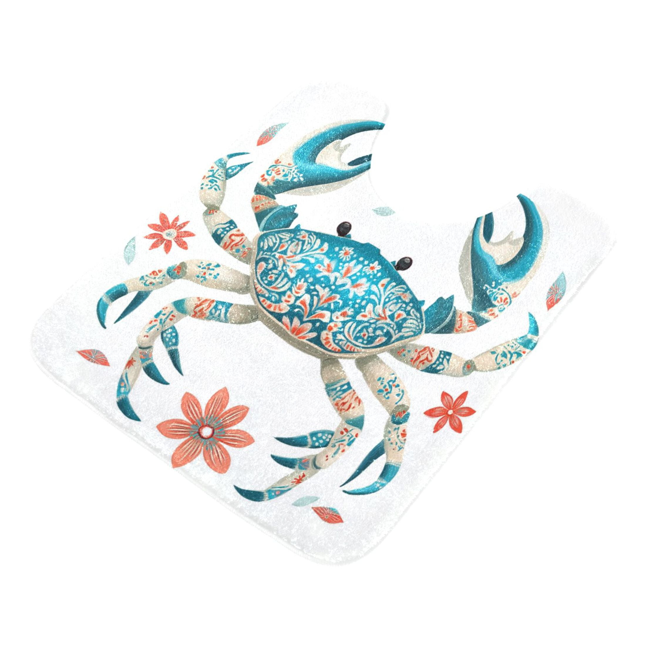 2 Piece Soft Bathroom Rug Set Colorful Blue Crab Bath Mat and U-Shaped Toilet Contour Rug (16"x24"+20"x24")
