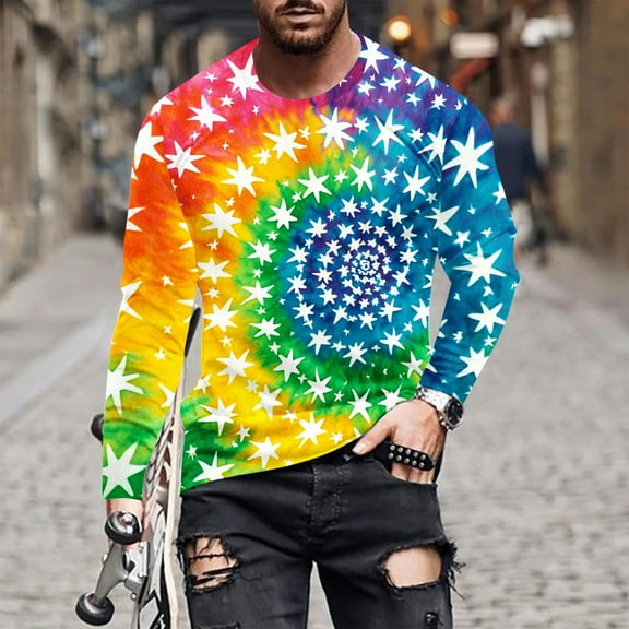 COSFO Men's T-Shirts Long Sleeve Cotton Casual Tie Dye Tops Workout Pullover Crew Neck Loose Graphic Tees