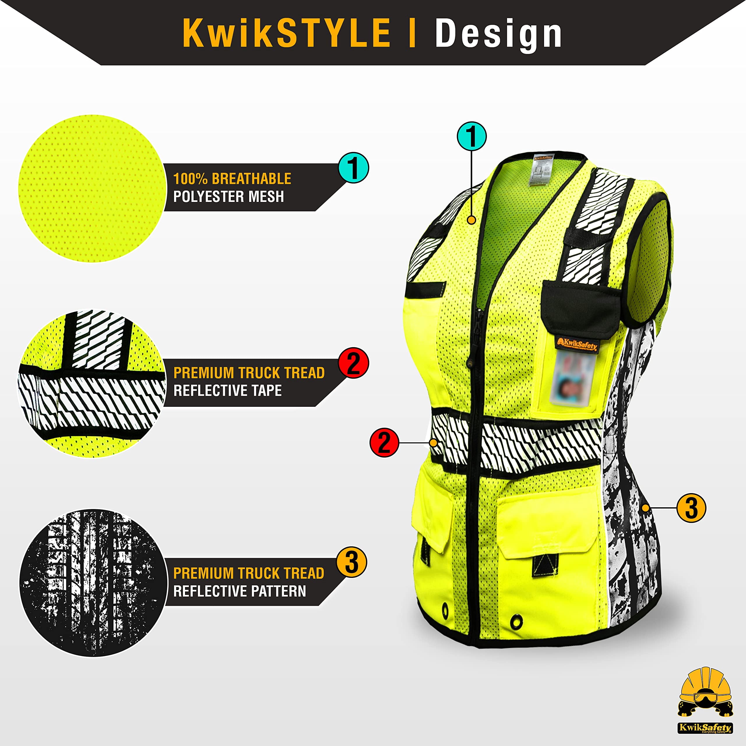 KwikSafety (Charlotte, NC) RoadBOSS Premium Safety Vest for Women (Limited Edition Truck Tread Design) 11 Pockets Class 2 Custom High Visibility ANSI OSHA Reflective Construction | Yellow Medium