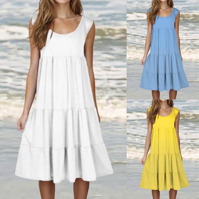 Gspmoly Robes d'Été pour Femmes, Mode Femmes Vacances Été Couleur Unie Sans Manches Robe de Plage de Fête Robes de Fête pour Femmes Liquidation