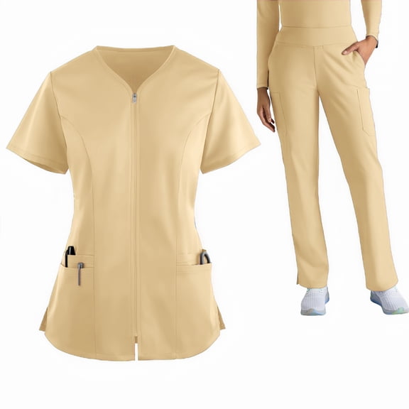 WULMLEO Womens Scrubs Outfits 2 Piece V Neck Medical Scrub Sets Soft Comfortable Short Sleeve Working Nursing Workwear Shirts and Joggers Stretch Trendy Petite Nurse Uniform Beige 2XL