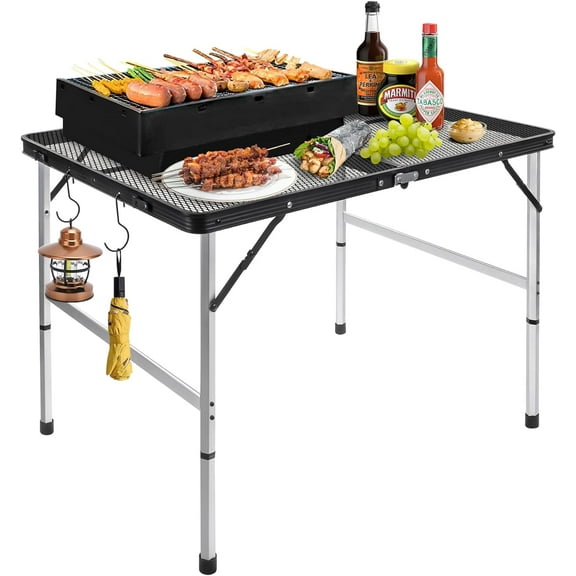 Grill Table Camping Table Portable Folding Table,Height Adjustable Collapsible with Mesh Desktop,Lightweight Metal Table for Camp, BBQ, Picnic, RV, Outdoor Cooking, Travel