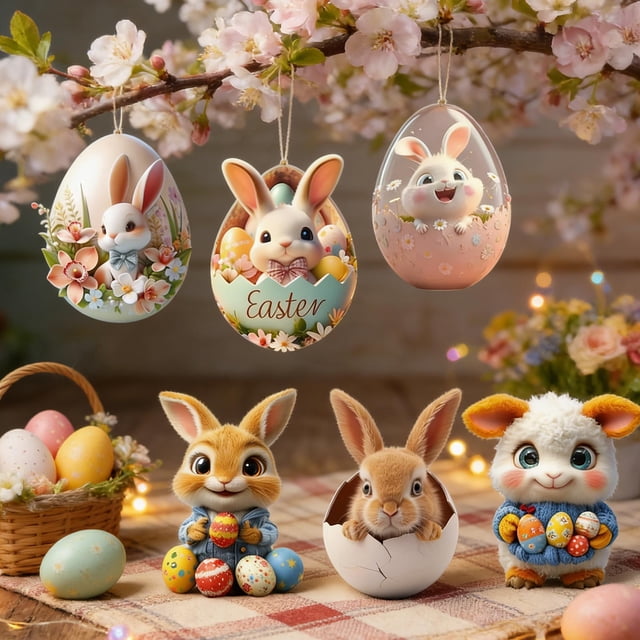 Decoraciones de Pascua, adornos de Pascua, regalos de Pascua, lindos adornos de animales de Pascua, juego de 6 piezas, decoraciones de acrílico para autos planos, decoraciones navideñas, juego de ador